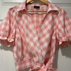 Pink Checkered Puff Sleeve Blouse